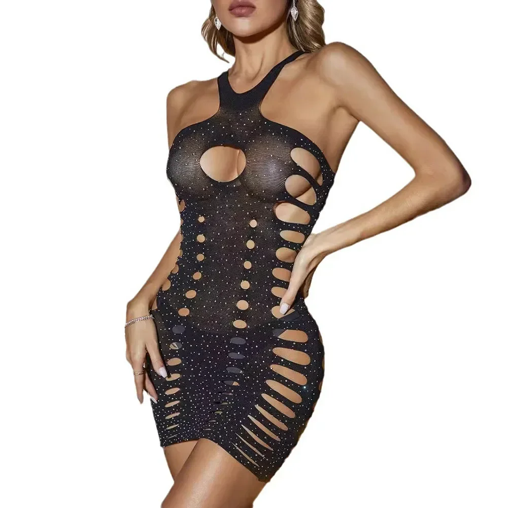 

Sexy Lingerie Women Halter Neck Nightgown Tube Top Hollow Rhinestone Jumpsuit