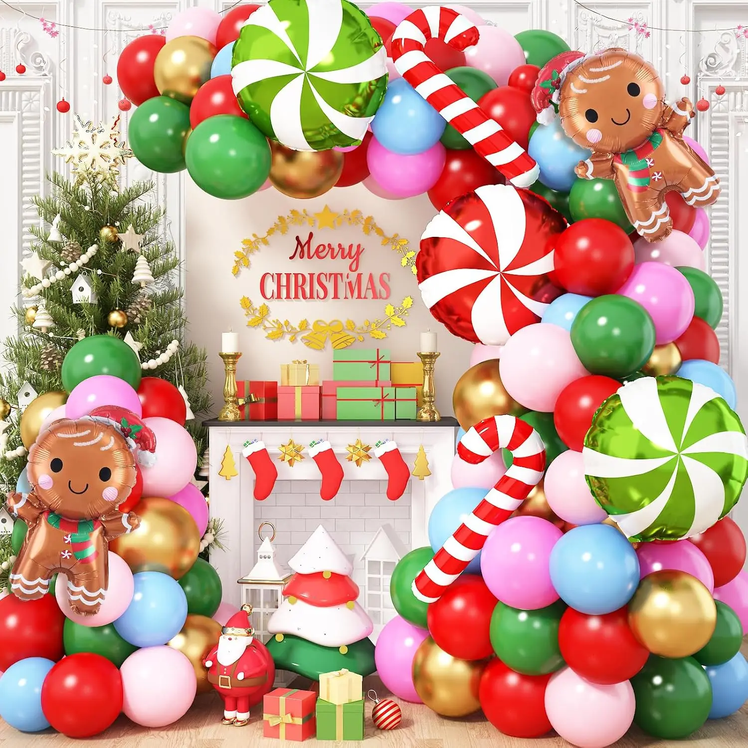 Christmas Balloons Garland Arch Kit 113Pcs Xmas Balloon Arch Pink Blue Red Green Gold with Gingerbread Man Candy Cane Foil Balloons for New Year Gender Reveal Gingerbread House Party Decorations