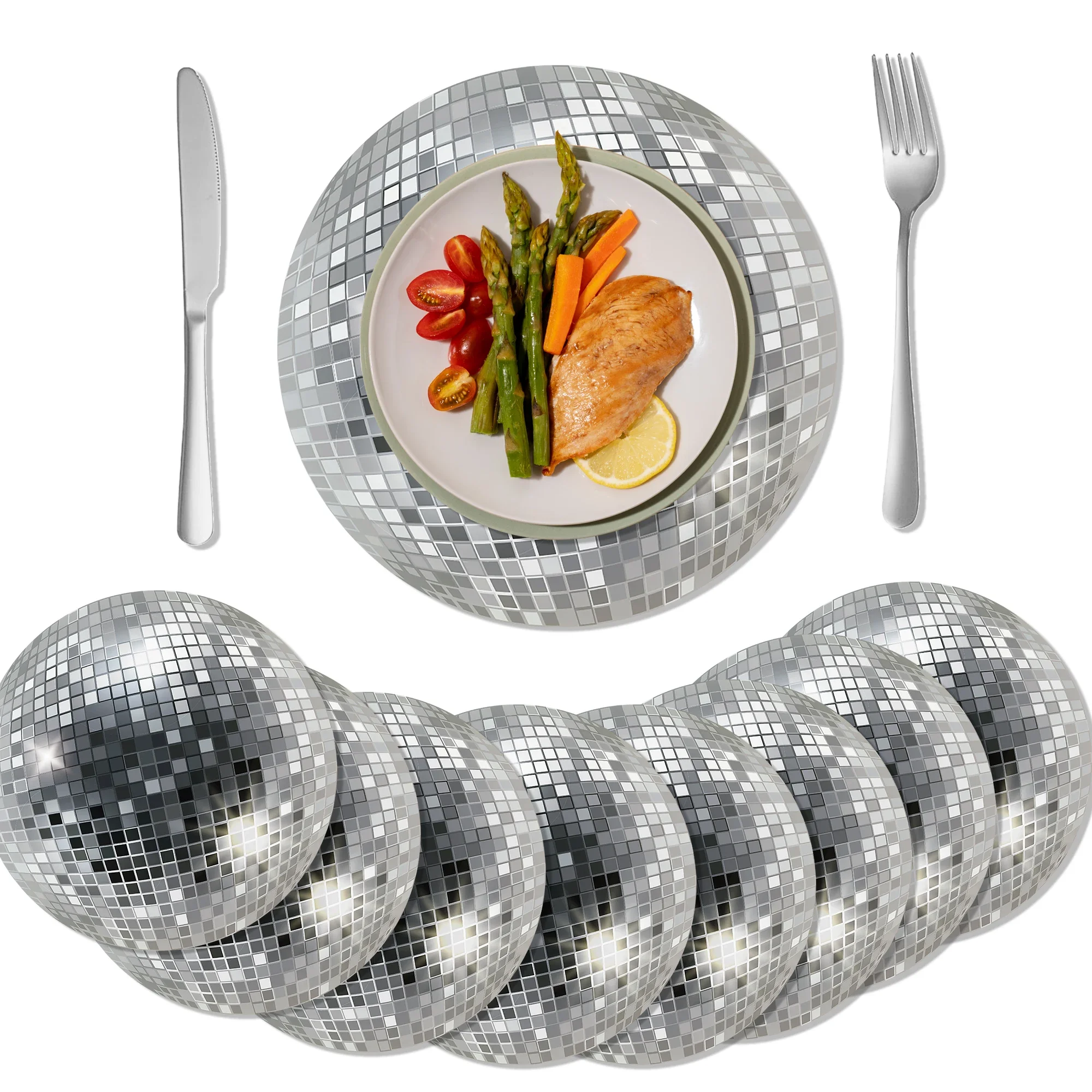 10 sets de sets de table en papier en forme de boule disco, sets de table jetables, sets de table ronds argentés pour la décoration de table à dîner, mariage, fête disco.