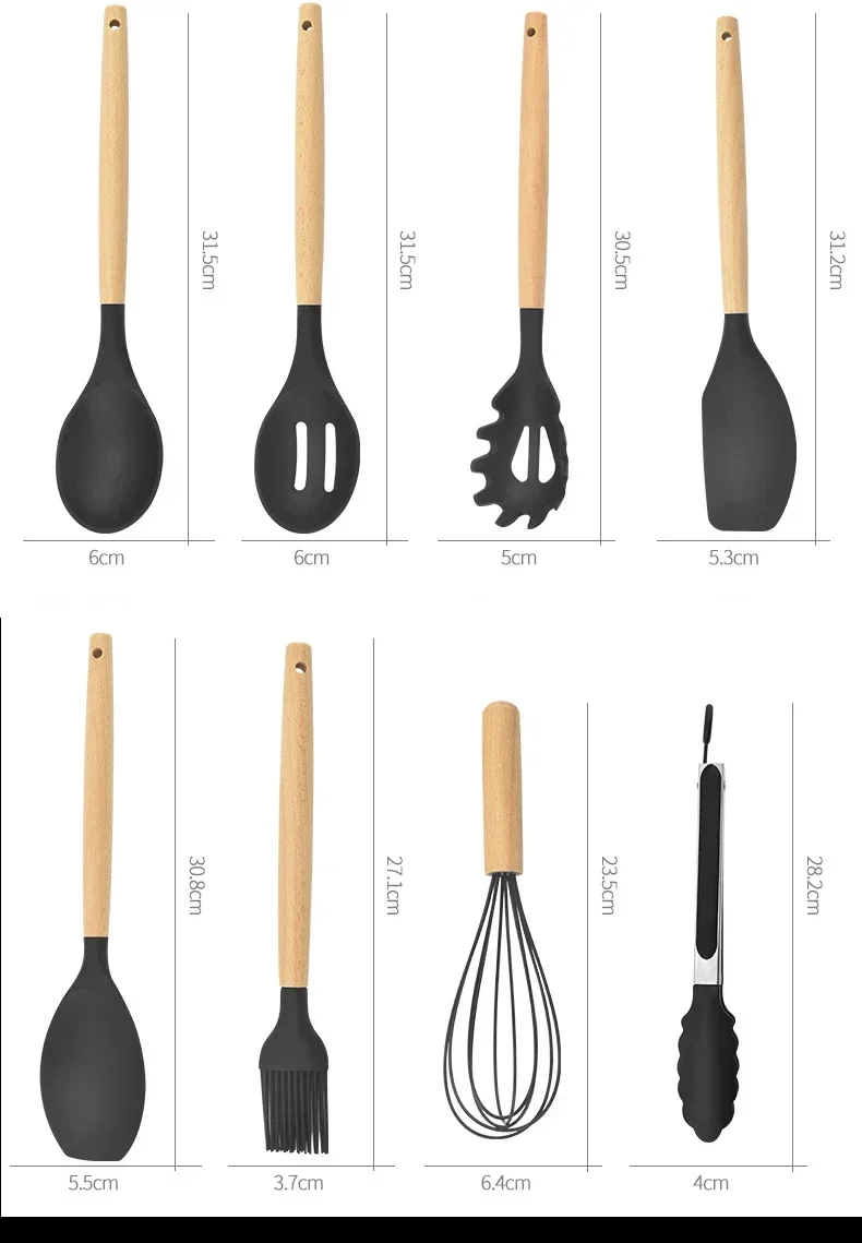 12PCS Silicone Kitchenware Non-Stick Cookware Kitchen Utensils Set Spatula Shovel Egg Beaters Wooden Handle Cooking Tool Set