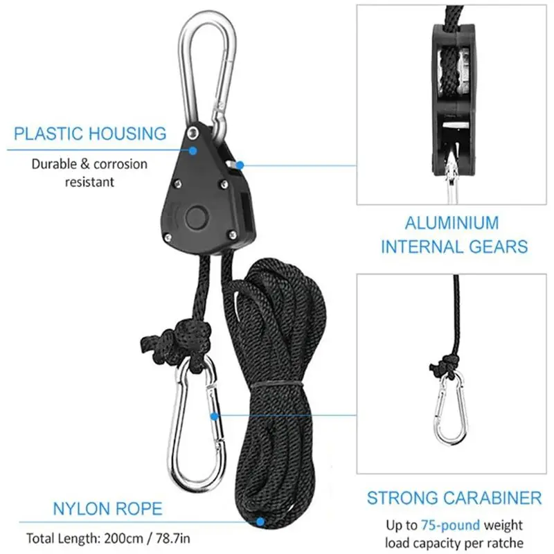 AT16 4 Pack 1/8 Inch Adjustable Heavy Duty Rope Hanger Ratchet Grow Light Fixtures, Reinforced Metal Internal Gears