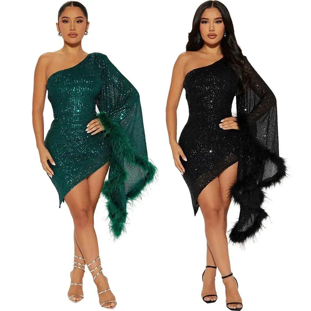 

Women Sequin Dress Sexy Oblique Neck Sleeveless Backless Feather Party Prom Sheath Hip Wrap Gown Dresses Elegant Vestidos