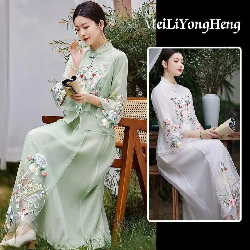 

Zen Tea Art Improved Cheongsam Top Young Lady Ao Dai Dress Tang Suit women's Chinese Style Embroidery Retro Half Skirt Hanfu Set