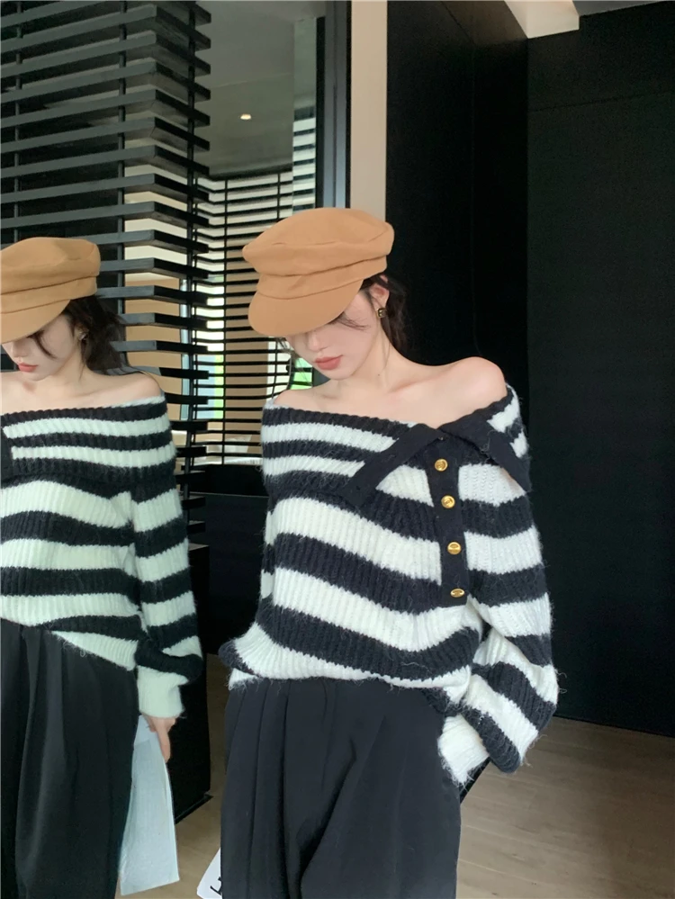 Ezgaga Striped Sweater Women Off Shoulder Striped Autumn Winter Button Slash Neck Pullover Vintage Knitted Tops Loose Jumper