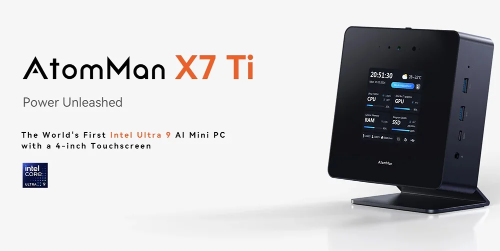 AtomMan X7 Ti 4 "شاشة كمبيوتر صغير Intel Ultra 9-185H 2 * USB4 2 * 5G RJ45 كاميرا Oculink Win11 كمبيوتر ألعاب كمبيوتر صغير WiFi7 DP HD
