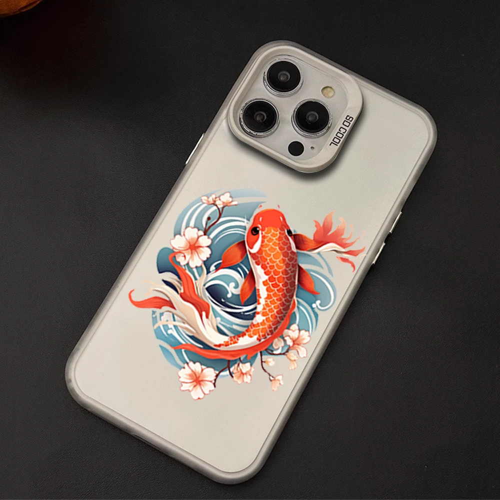 New Luxury IMD Phone Anti-drop Cover Case For iPhone 11 12 13 14 Pro Max 15 16 Plus Art Fish Koi Carp