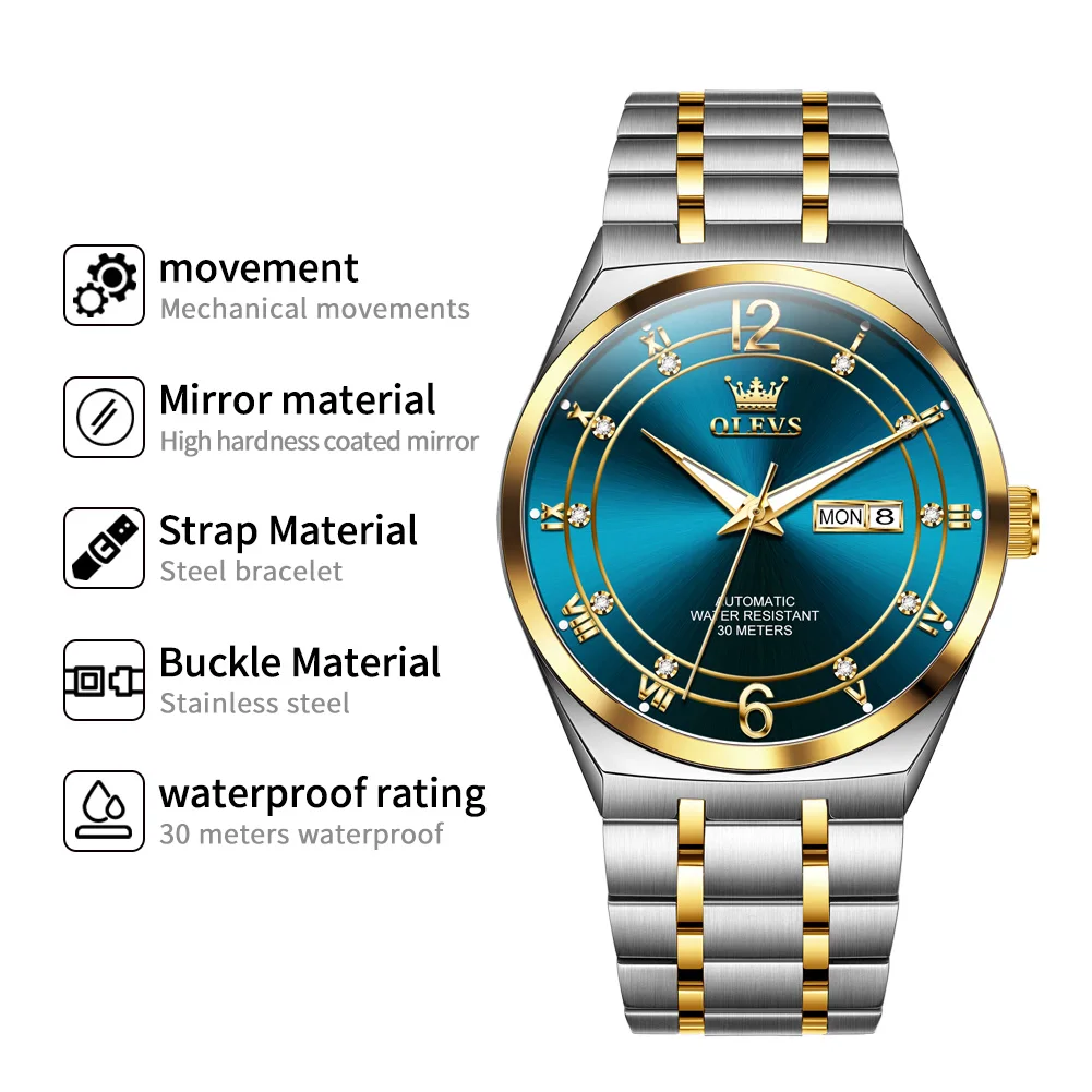 OLEVS Watch Mens Watch Mechanical Watch Waterproof Stainless Steel Week Date Original Luxury Watches For Man Gifts Reloj 7068