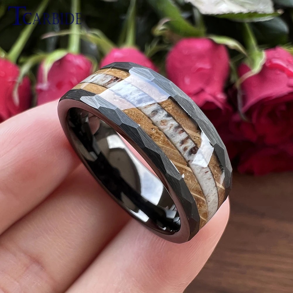 8MM Cool Hammer Ring Men Women Tungsten Carbide Wedding Band With Whiskey Barrel Oak Wood And Deel Antler Inlay Comfort Fit