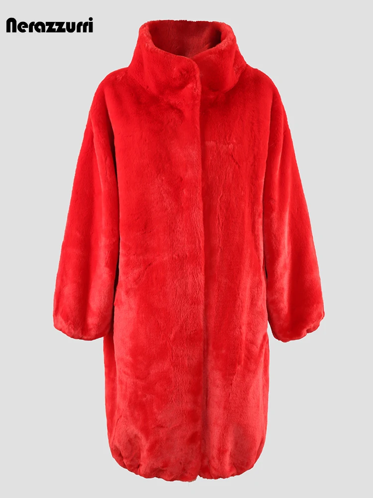 Nerazzurri Winter Long Oversized Red Thick Warm Soft Faux Rex Rabbit Fur Coat Women Stand Collar Loose Casual Korean Fashion