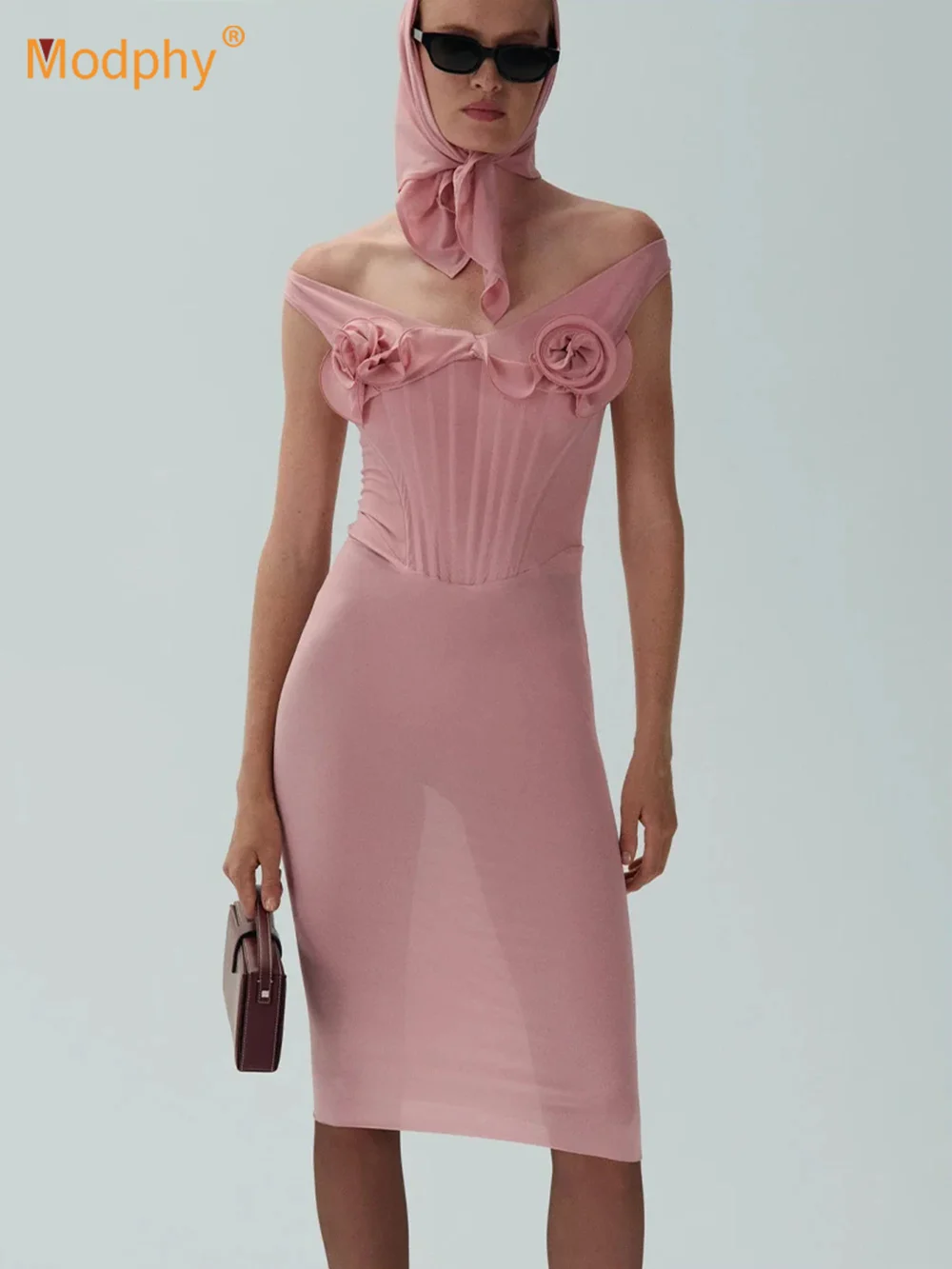 

Modphy Pink 3D Flower Perspective Mesh Tight Fishbone Dress For Women'S Sleeveless See Through Fashion Club Cocktail Party Dress
