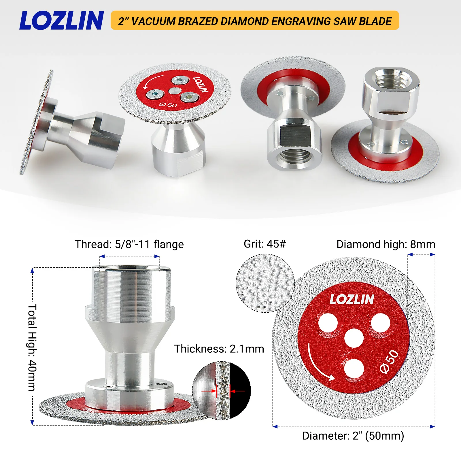 LOZLIN 3PCS 50mm Diamond Saw Blade M14 5/8-11 Removable Flange for Granite Marble Quartz Ceramic Tile Cutting Grinding Engraving