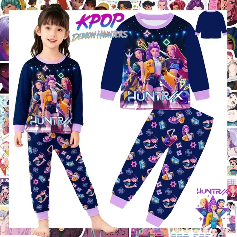 طقم بيجامات للأطفال من Kpop Demon Hunters - تي شيرت بناتي بأكمام طويلة + بنطلون 2 قطعة، ملابس منزلية للأطفال على الموضة للخريف