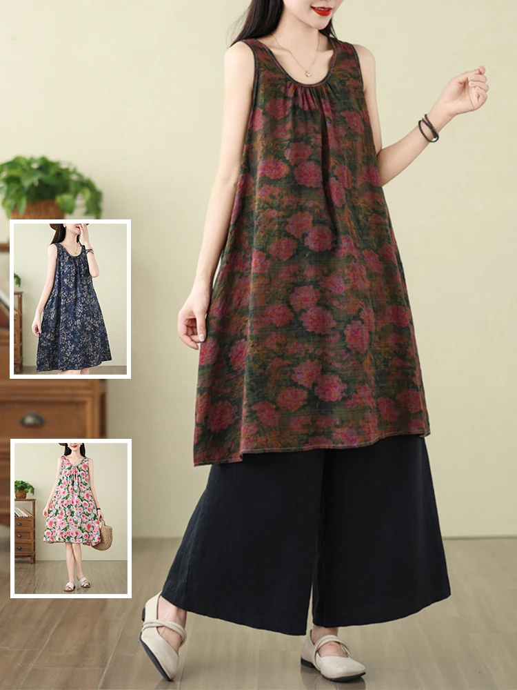 

Свободный хлопково-льняной жилет в стиле ретро с цветочным принтом Svel ter Dr, женский утягивающий жилет трапециевидной формы средней длины больших размеров Dr Summer