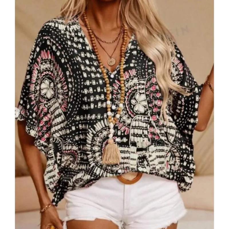 Fashion Print Loose Women Blouses & Shirts Summer New V-Neck Vacation Style Batwing Sleeve Loose Blouse Casual Tops