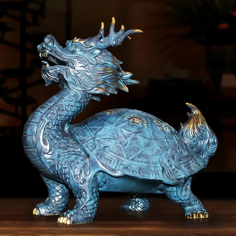 Pure copper auspicious beast dragon tortoise statue，Chinese Lucky Decorations，High-end domineering home decoration accessories