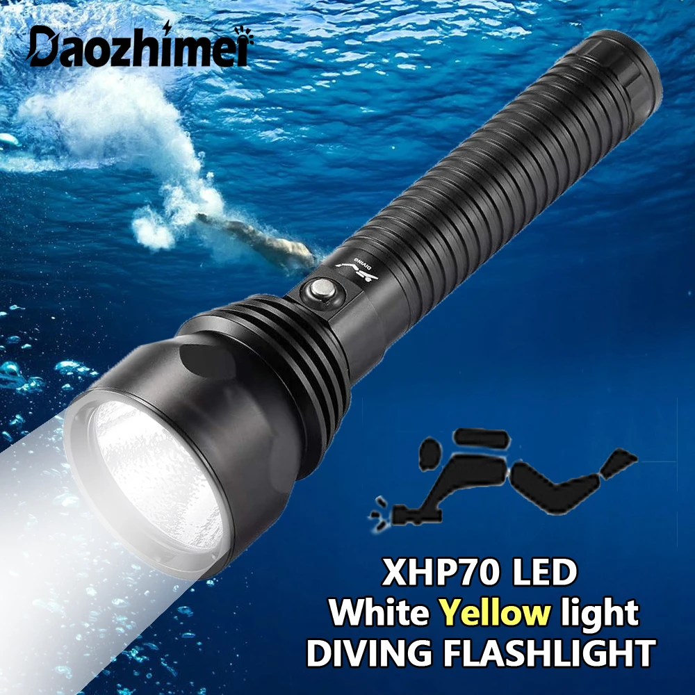 

30W White/Yellow Light Underwater Tactical Lantern XHP70.2 Professional Scuba Diving Flashlight IPX8 LED Waterproof torch light