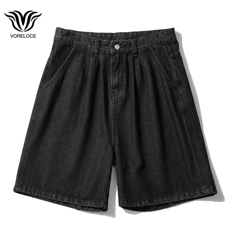 

2023 Summer New Men's Loose Denim Shorts Korean Street Baggy Wide-leg Five-point Pants Solid Color Casual Shorts Black Blue