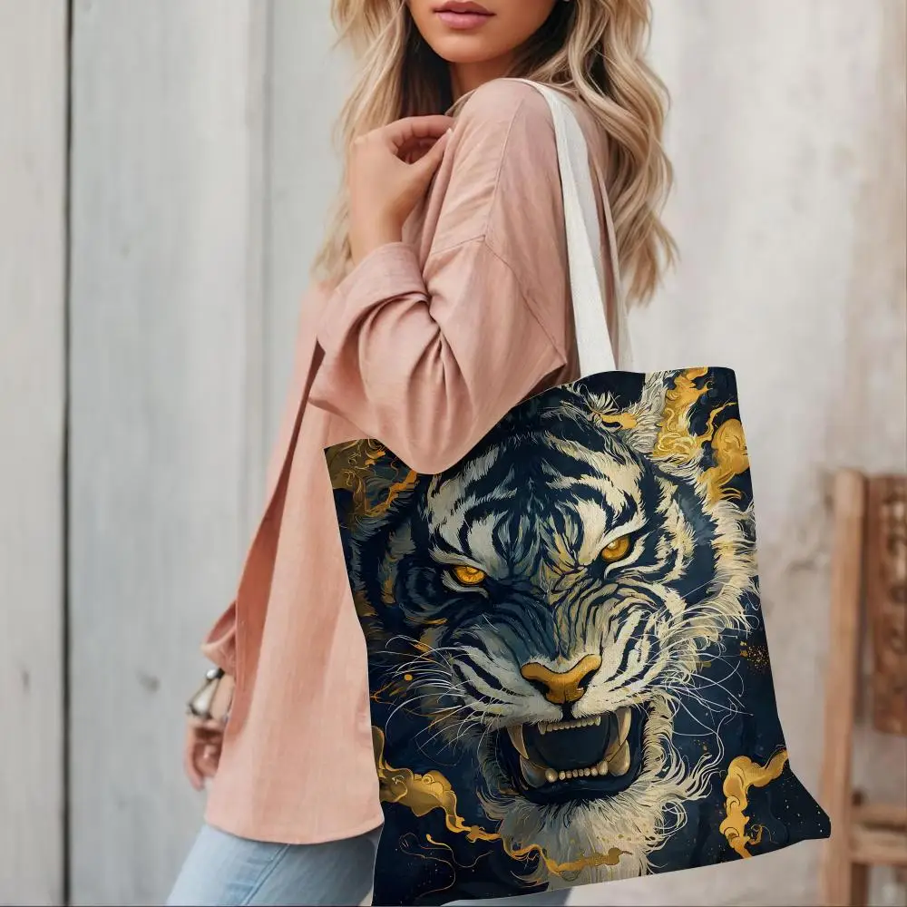 Tiger Golden Mist Storage Bags Canvas Tote Bag Large Capacity Double-Sided Print Reusable Shopping Bag Eco-Friendly Shoulder Bag 3
