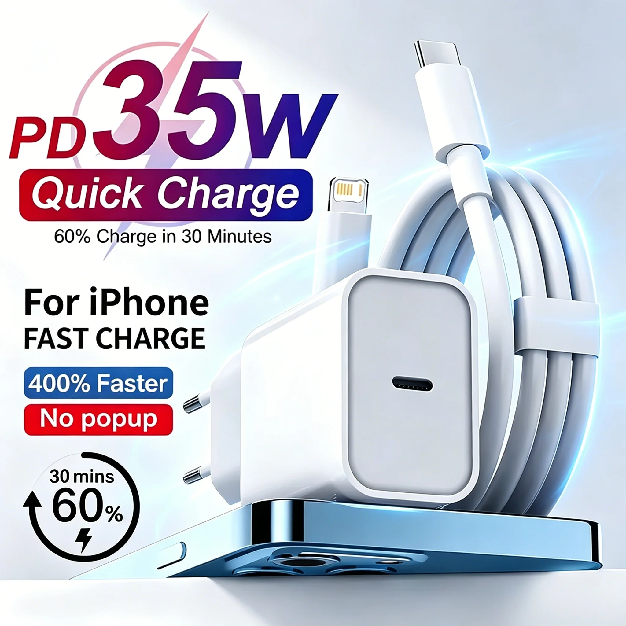 35W EU Plug PD Fast Charger For iPhone 11 12 13 mini 14 Pro Max X XR XS Max SE USB-C Rapid Charging Phone Charger PD Cable Suit