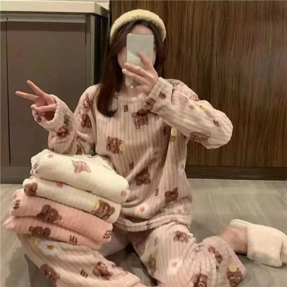 

Casual Cute Bear Velvet Sleepwear Set Flower Peach Pajama Suit Nightwear Long Sleeve Winter Thick Warm Pajamas Autumn Winter