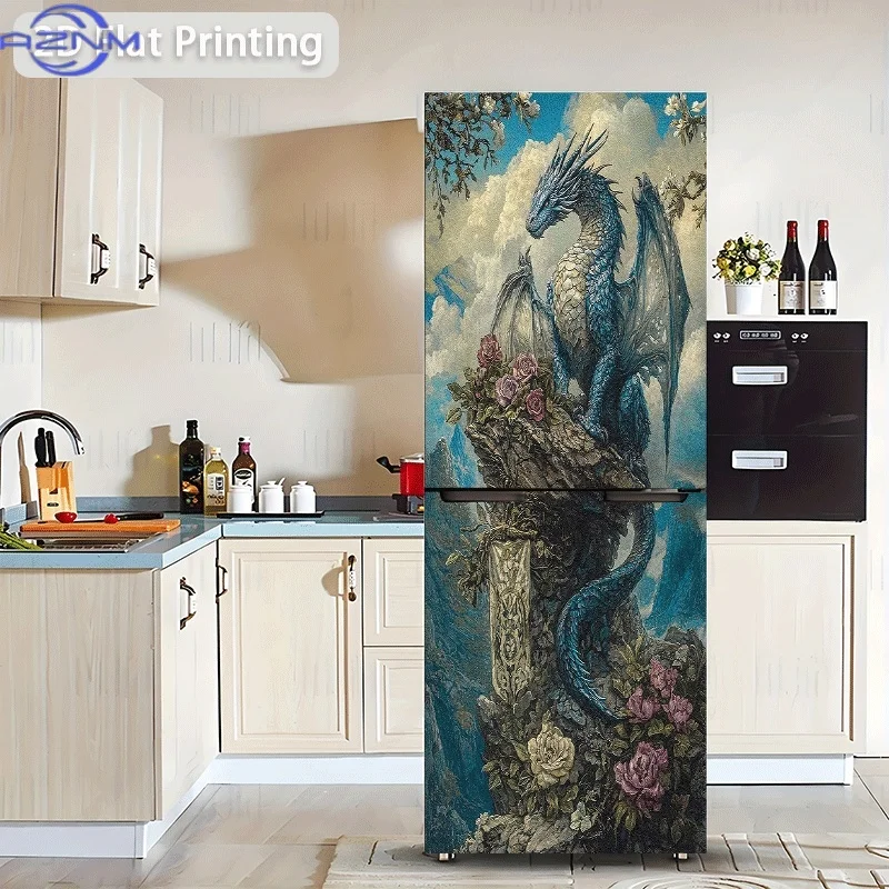Refrigerator Sticker Blue Dragon Perched on a Flower-Adorned Rock Themed Scene Wall Decal Self-Adhesive Wallpaper Sui