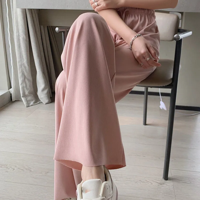 Women's Ice Silk Straight Pants Korean High Waist Drawstring Summer Cool Wide Leg Trousers Female Solid Drooping Casual Pants