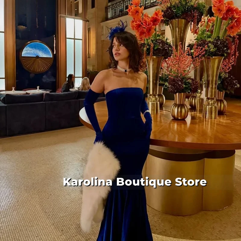 

Royal Blue Velvet Evening Dress Strapless Mermaid Formal Occasion Dress Elegant Saudi Arabia Prom Gowns Customized
