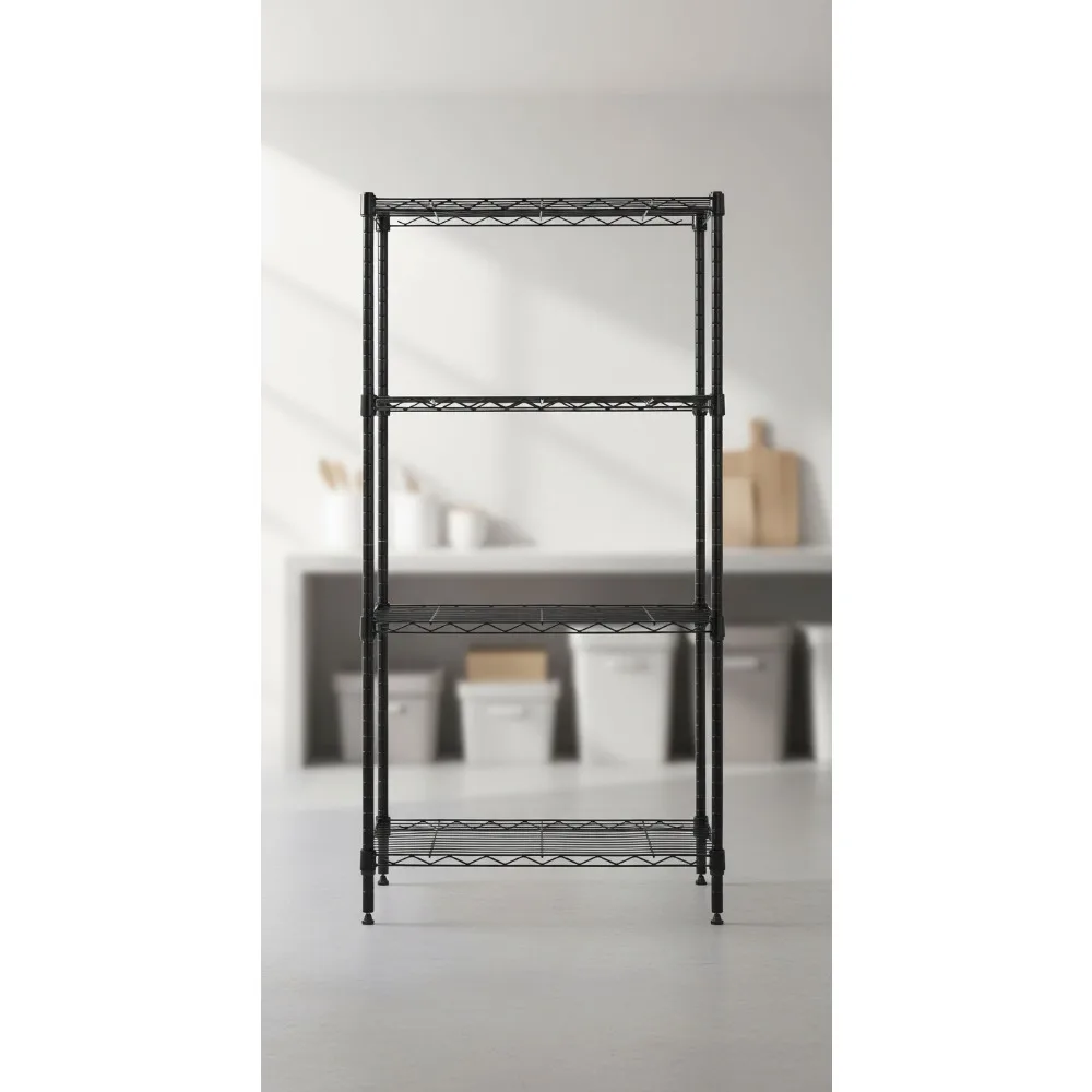 

4-Shelf Steel Wire Storage Rack, Adjustable Heavy-Duty Shelving for Garage & Kitchen, Easy Assembly, Black