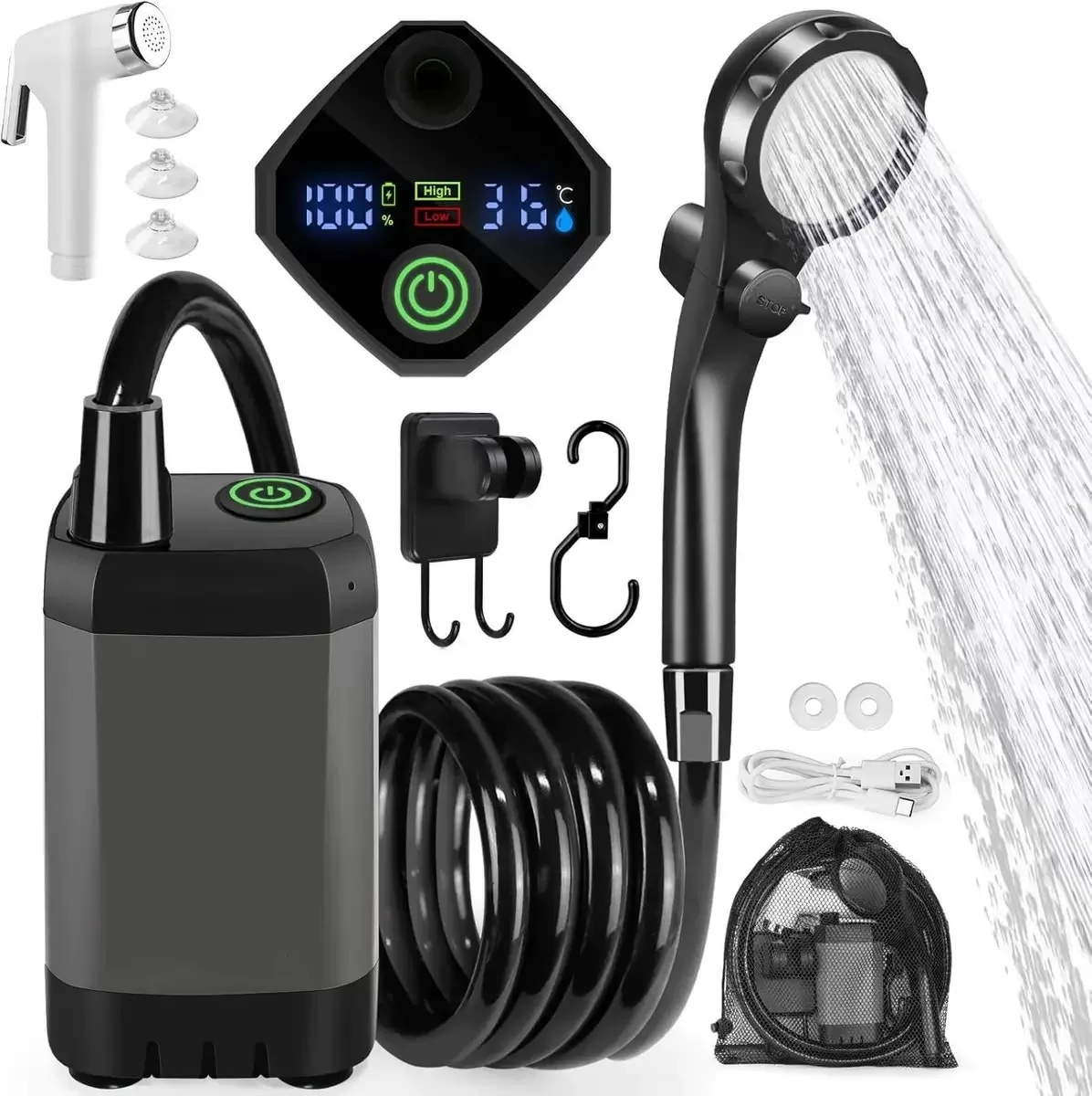 Camping Shower Temperature Display 6000mAh Rechargeable Portable Camper Shower Dual Speed Mode Electric Shower for Outdoor