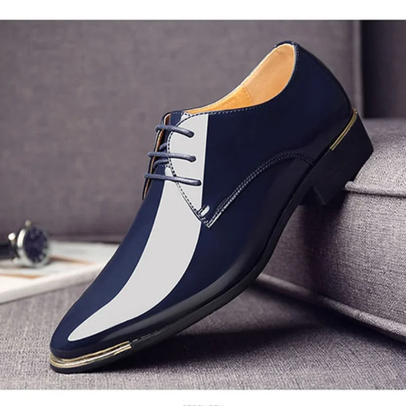 Men\'s Leather Shoes Low Top Soft Men\'s Dress Shoes Solid Color Men Premium Patent Leather Shoes White Wedding  Large Size