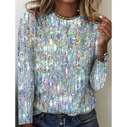 3D Sequin Printed T Shirt Tops For Women 2023 Autumn New Round Neck Long Sleeve Fashion Casual Lady T Shirts Pullover Streetwear