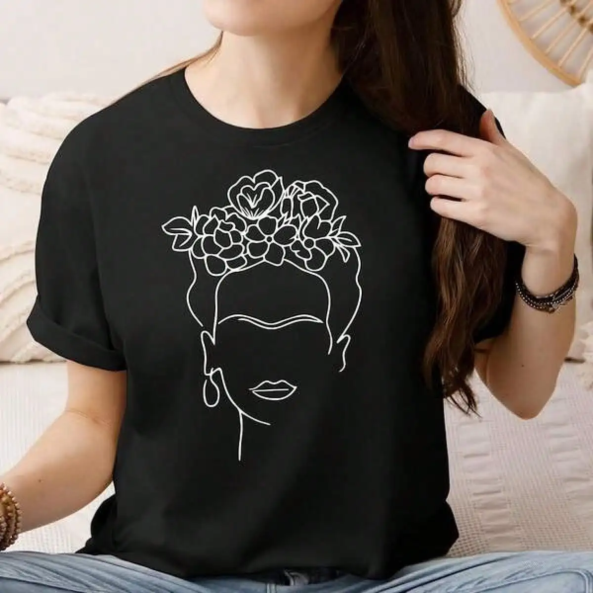 T Shirt Print ,Graphic-Cotton Tees Size Plus,Frida Shirt, Face Line Art Shirt, Frida Line Art Shirt, Kahlo T-Shirt, Face Line Art ,, Portrait T-Shirt,With Shirt,Summer Tops,Shirt Suitable
