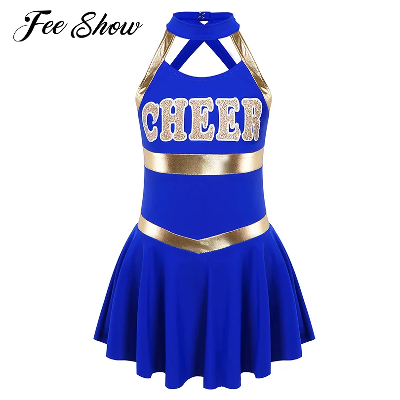 

Kids Girls Cheerleading Uniform Sleeveless Letter Print Patchwork Crisscross Straps Hollow Back Cheerleader Dance Dress Costumes