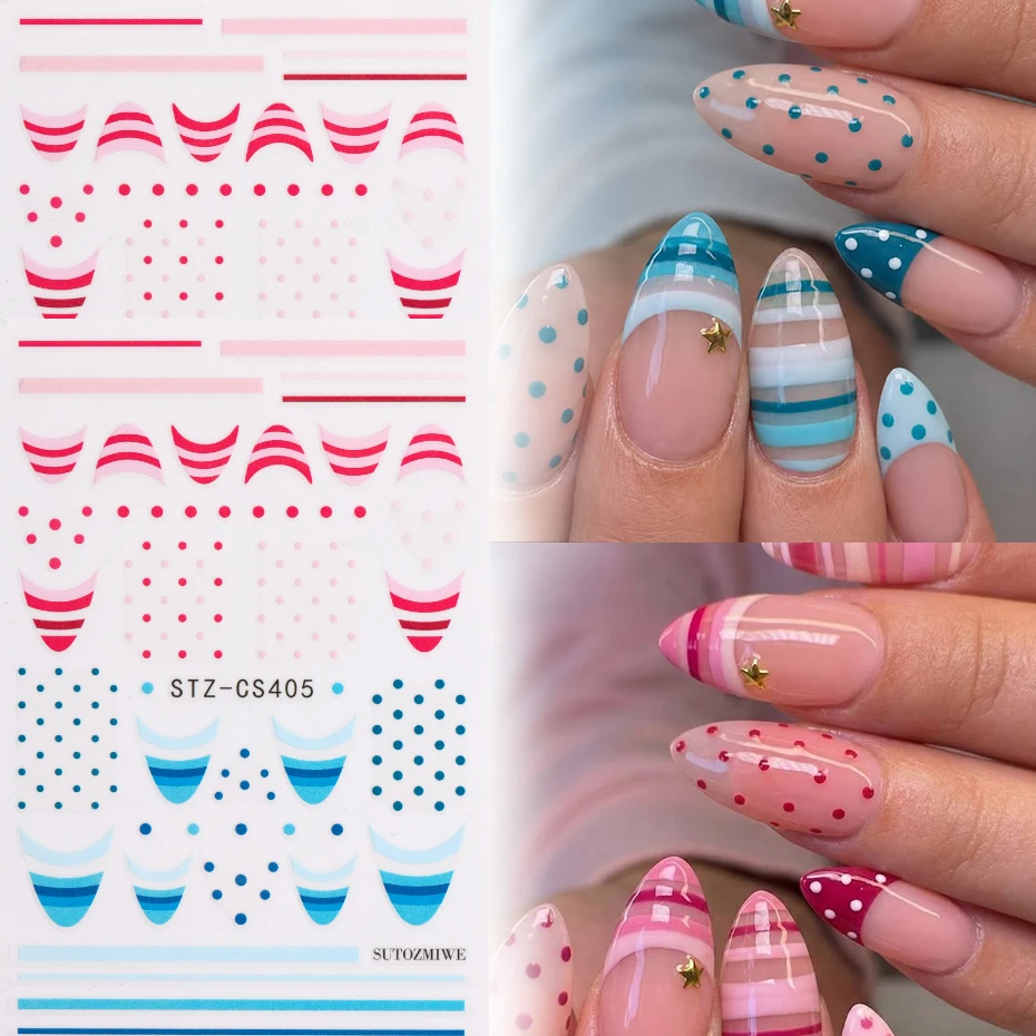 Cute Polka Dot French Nail Stickers - Blue & Pink French Line With Small dots Design Self-adhesive Nail Decals For Wedding Nail