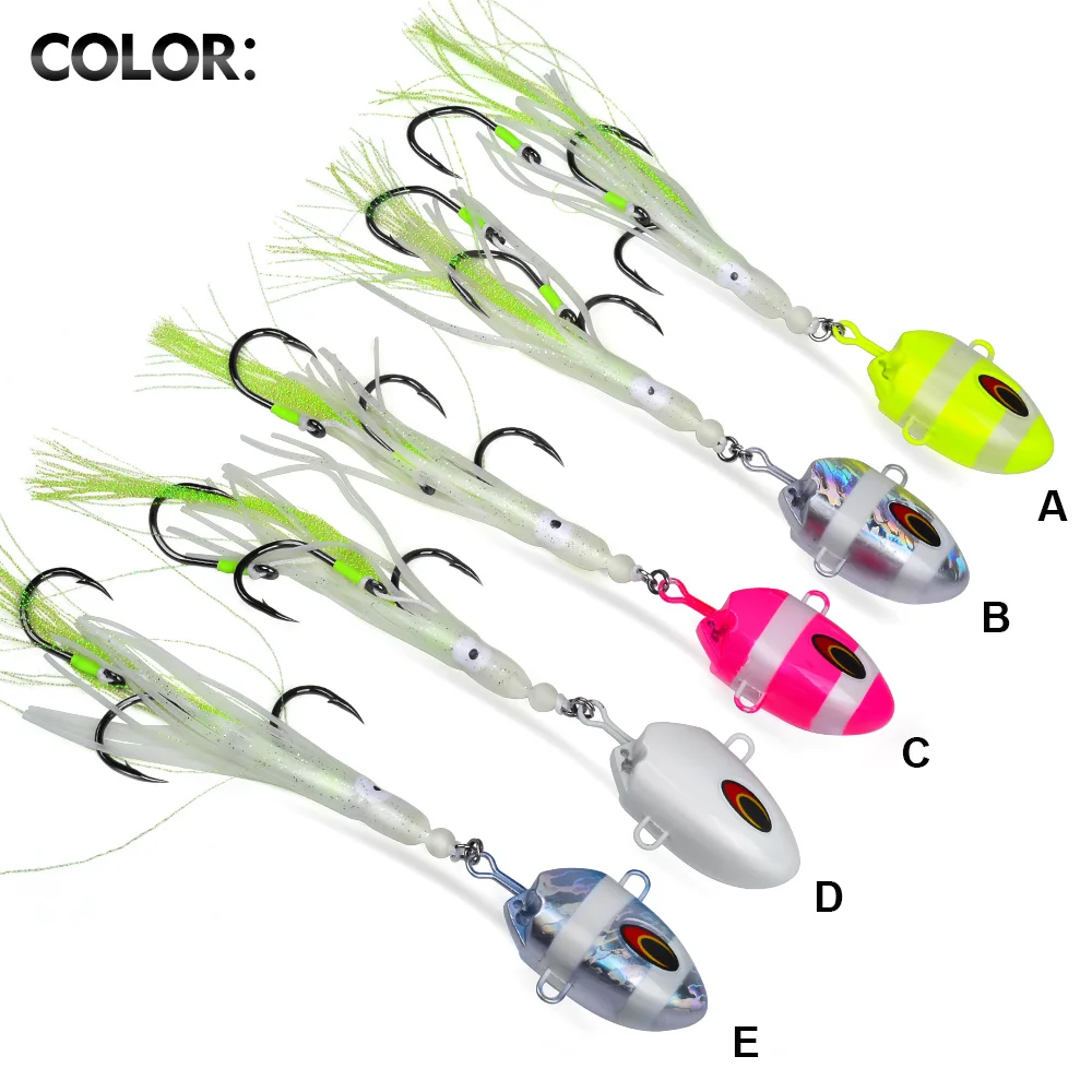 Proberos 1pc Silicone Jig Baits with Dual Hooks Luminous Squid Fishing Lures Set Glowing Deep Sea Offshore Trolling Rigs ﻿