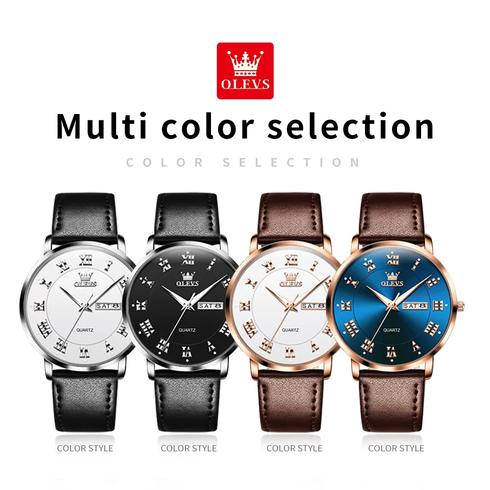 OLEVS Top Brand Men's Watches Simple Fashion Original Wristwatch for Man Waterproof Leather Strap Luminous Date Week Trend