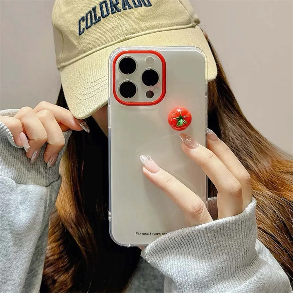 Large hole transparent solid color simple English phone case with three-dimensional tomato for iPhone 11 12 13 14 15 16 pro max