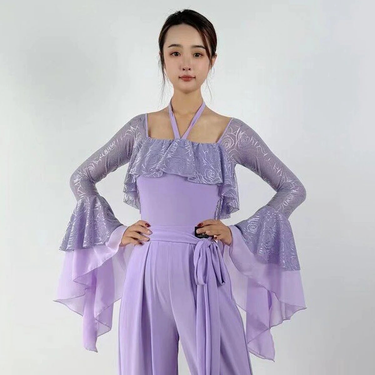 Latin Ballroom Dnace Clothing Flared Long Sleeves Tops Waltz Dance Performance Costume Lace Leotards Tango Dance Wear BL19630