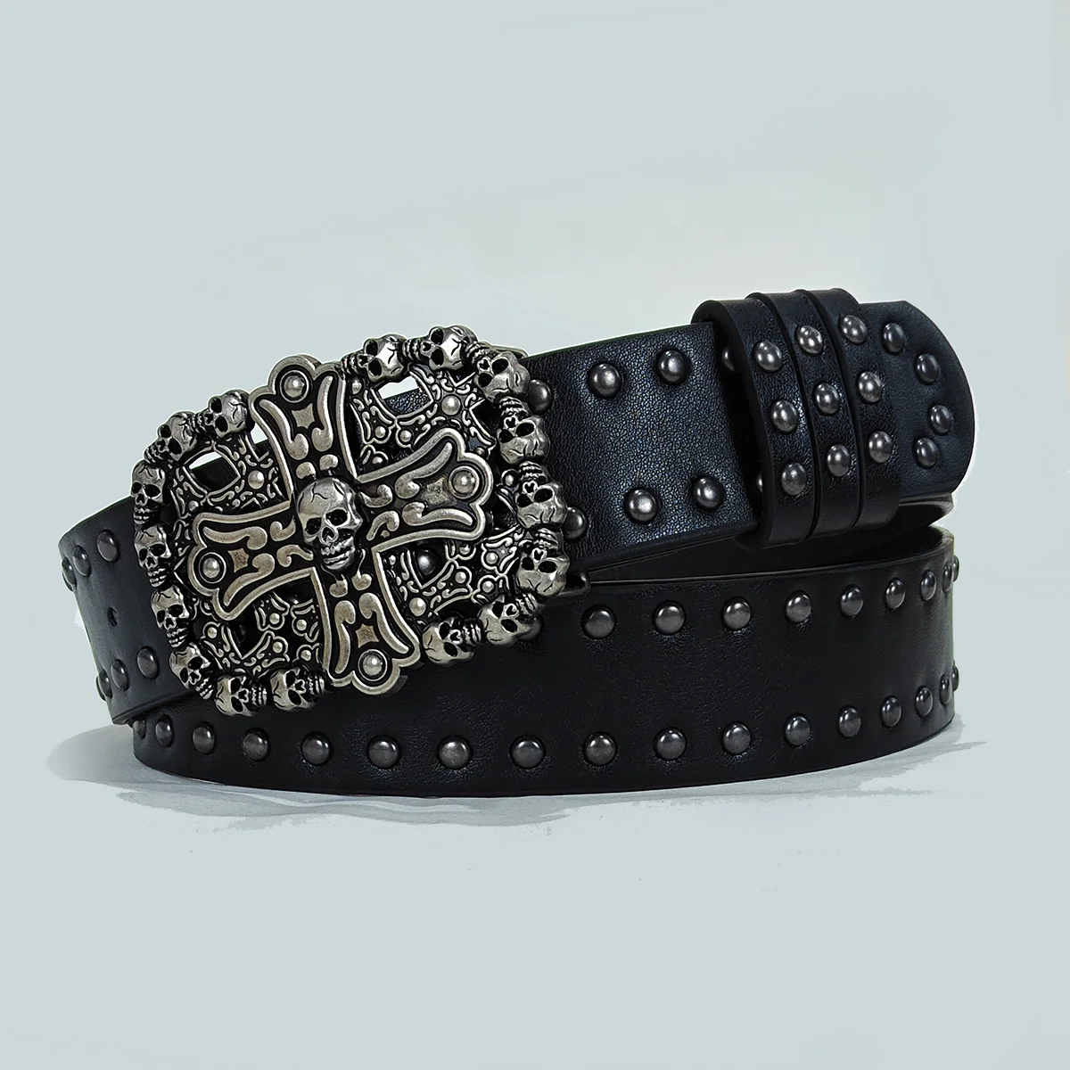 Men and Women's Belt Cool Punk Style Black Rivets Decorated Heavy Metal Dark Belt Plus Size Gothic Wide Skull Jeans Belt Male view 3