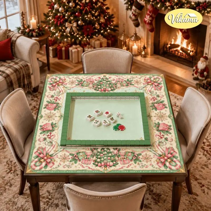 VIKAMA Christmas Mahjong Mat Candy Cane Christmas Tree Wreath Washable Folding Mahjong Tablecloth Table Pad Xmas Home Decor