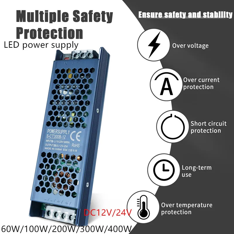 DC 12V 24V Switching Power Supply AC190-240V Mute Lighting Transformers 60W 100W 200W 300W 400W LED Light Driver Power Adapter