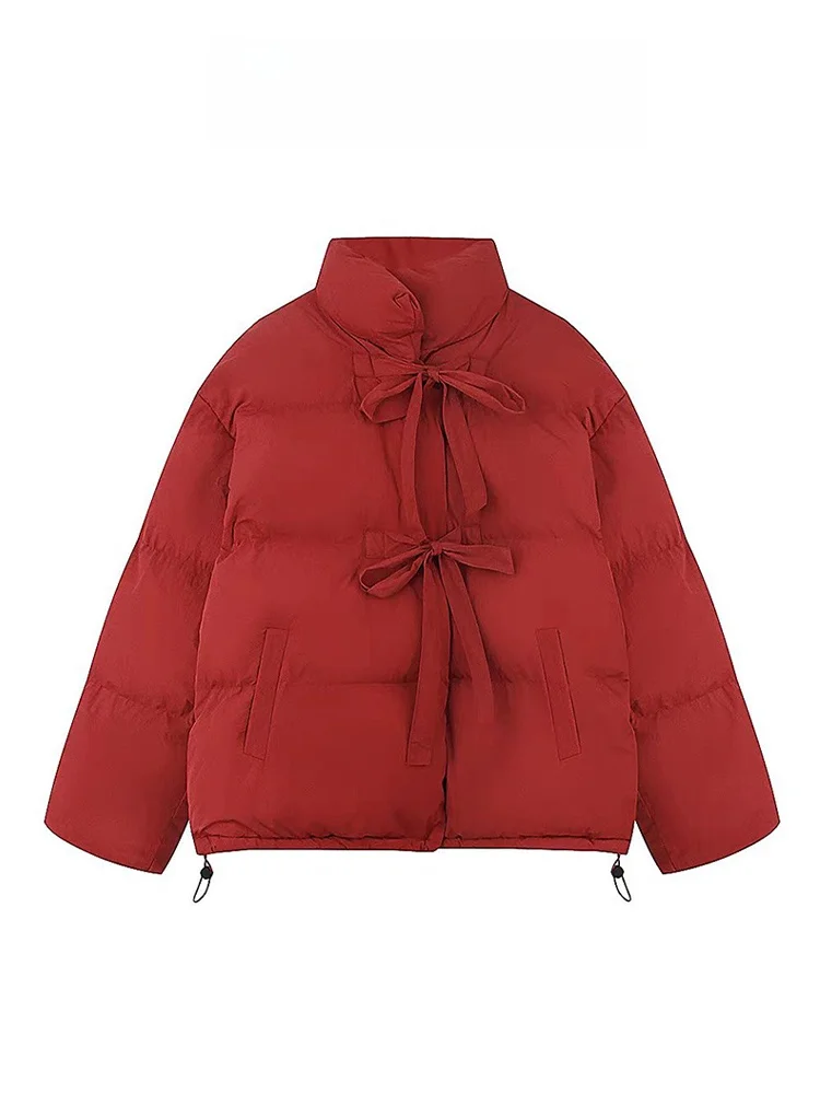 

Red Cisas Knot Stand Collar Thiened Bread Sle Loose Cotton Jaet Women's Winter Faionable Outerwear