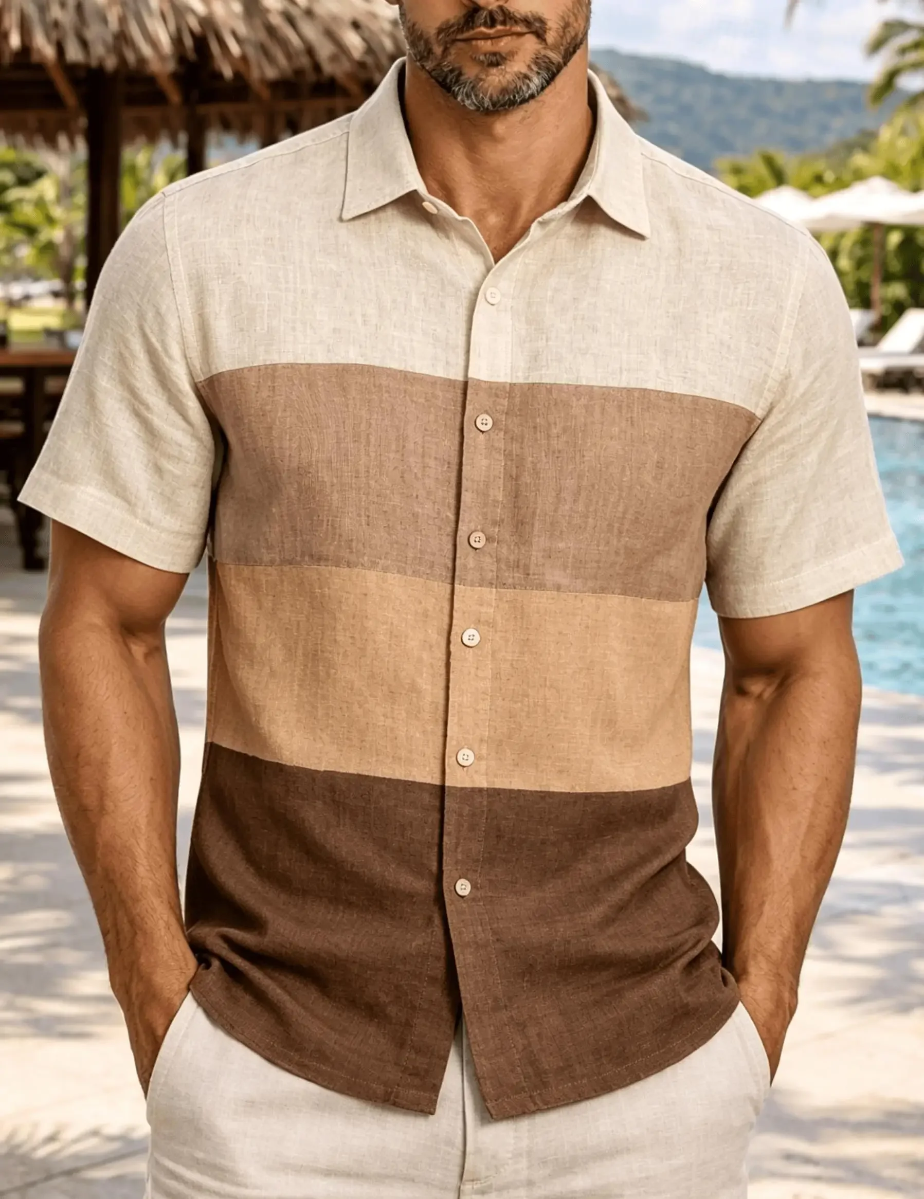 Men's Earth Tone Horizontal Stripe Shirt, Casual Color-Block for Spring and Summer, Beach Vacation Casual Wear for Men