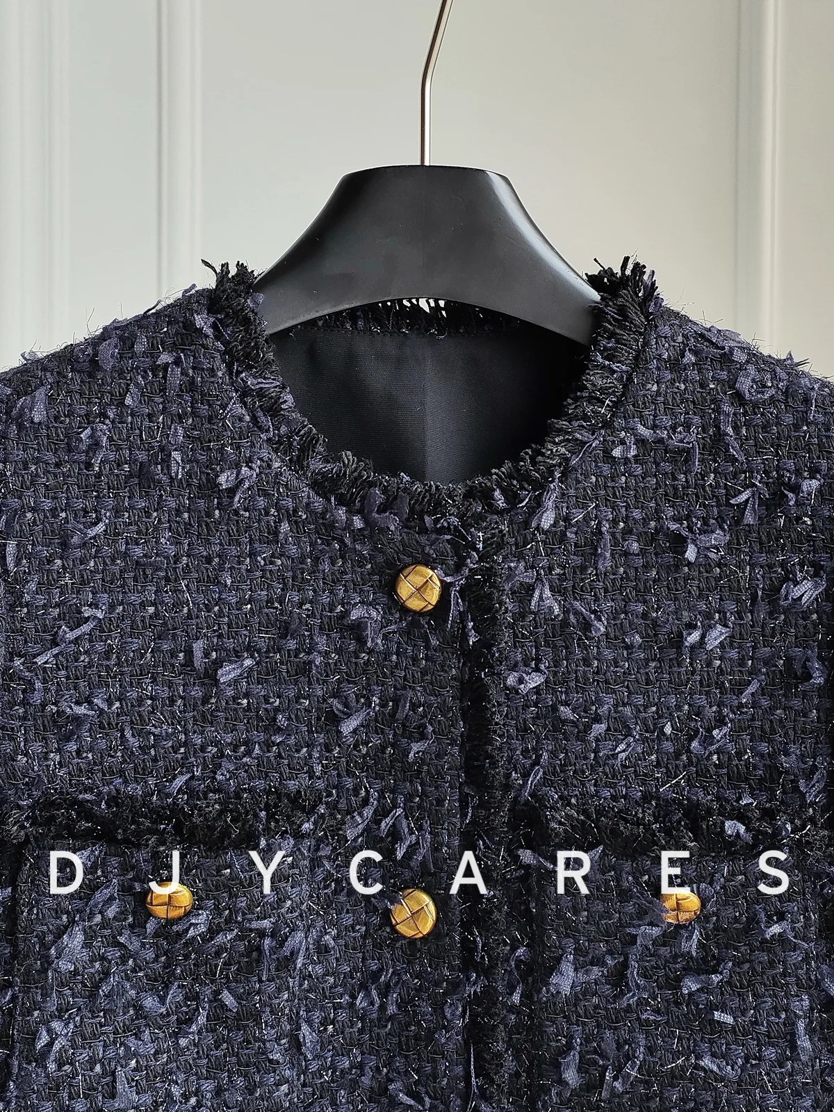 New Coarse tweed with intellectual elegance~Blue black coat and wool top big  size