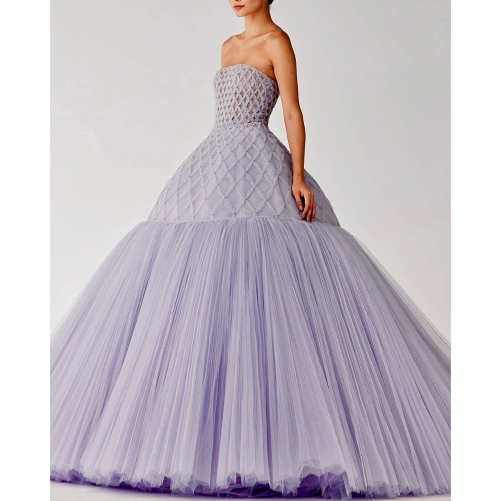 Lavender Criss-Cross Formal Evening Dress with Pearls Fashion Strapless Floor Length A-Line Gowns Photography Party Prom Dresses