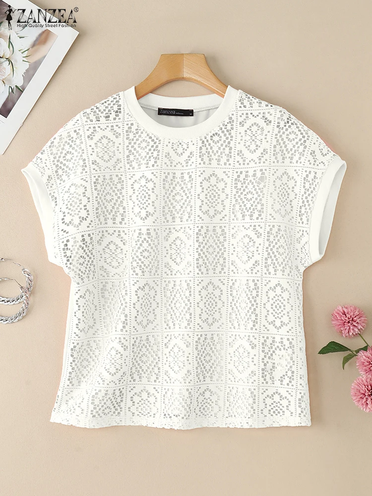 

Solid Lace Blouse Women Hollow Out Tops ZANZEA 2025 Summer See Through Cover-Ups Beach Pullovers Casual Short Sleeve Blusas