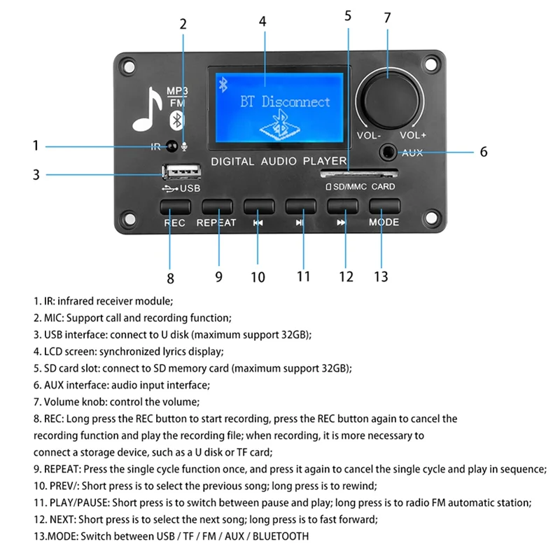 DC 12V MP3 Decoder Board Amplifier Car Radio Receiver Mp3 Player Bluetooth V5.0 USB SD Module MP3 FM AUX Recording image 6