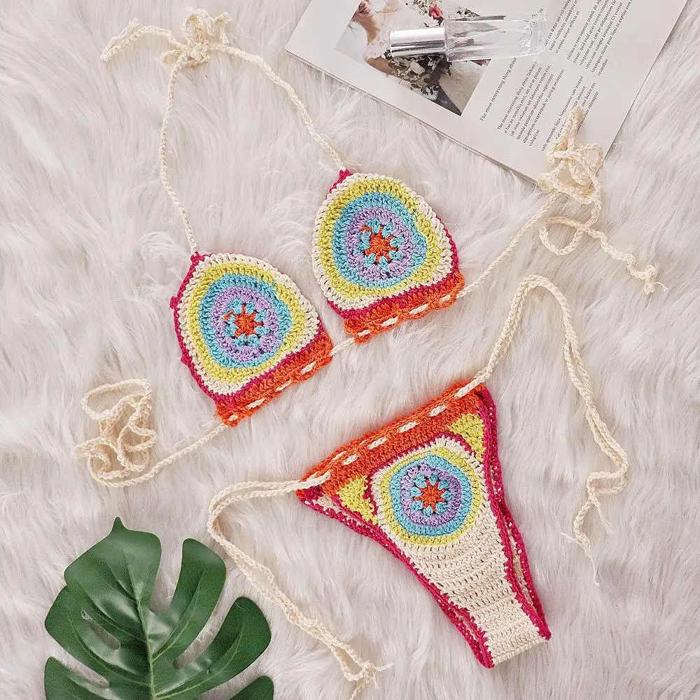 HLJ Summer New Sexy Color Block Knit 2 Piece Bikini Set Boho Style Spaghetti Strap Top + Bandage Briefs Matching Female Swimwear