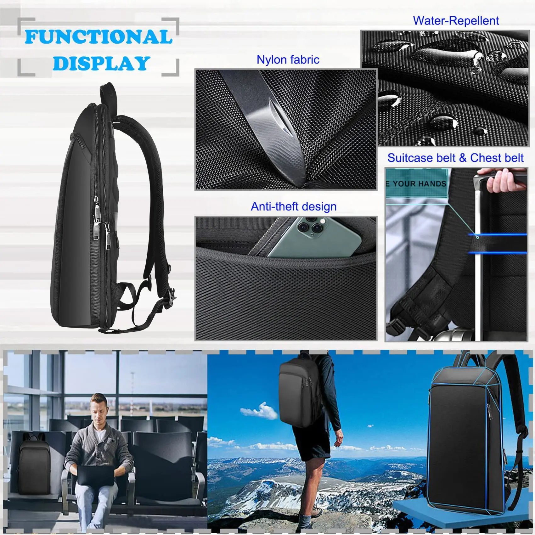 ZINZ-Sac à dos mince et extensible pour ordinateur portable, antivol, sac pour ordinateur portable de voyage d'affaires, hommes et femmes, 15 pouces, 15.6 pouces, 16 pouces