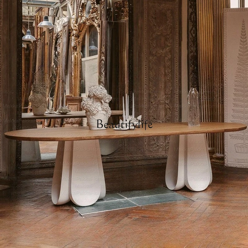 French Cream Style Petal Art Oak Dining Table Vintage Style Oval Solid Wood